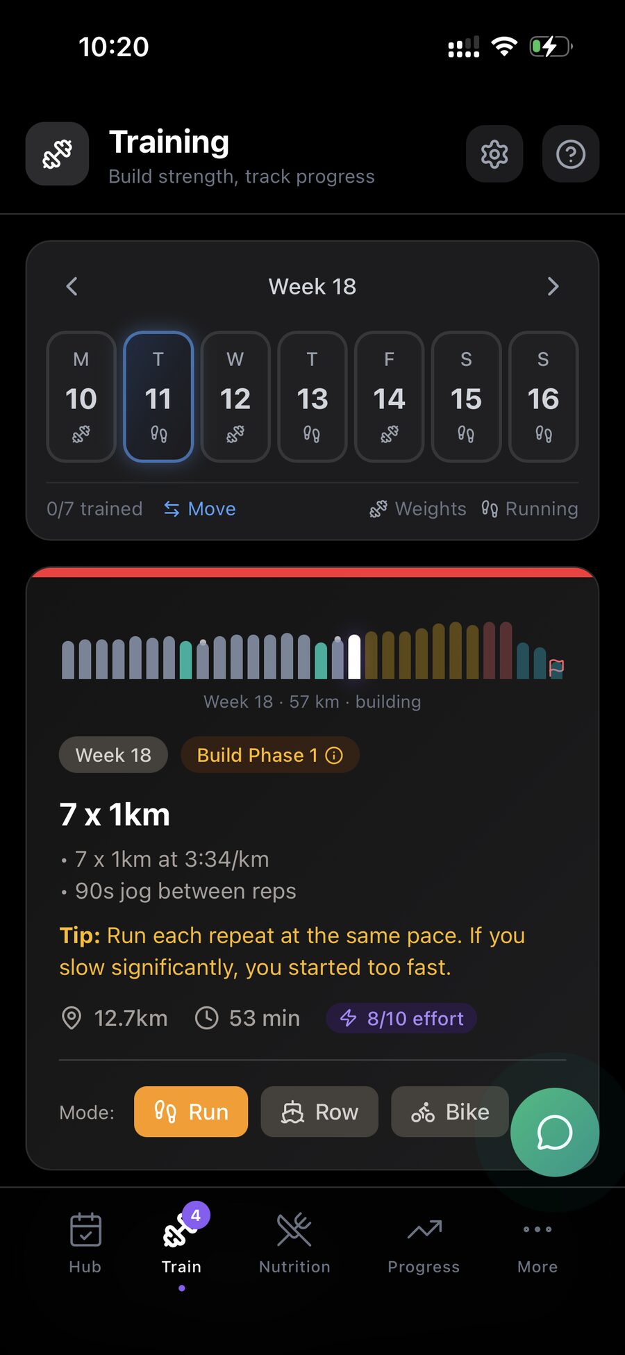 The Talos app: the week, the road to the goal and today's session